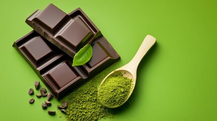 Wall Mural - A chocolate bar and a spoonful of green powder are on a green table