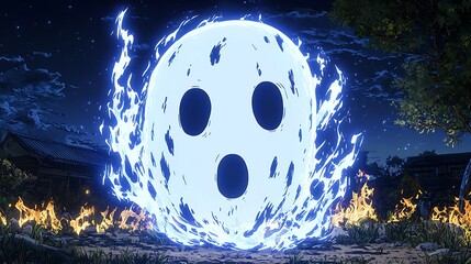 Sticker - Mystical Anime-Style Spirit Orb Enveloped in Blue Flames at Night.