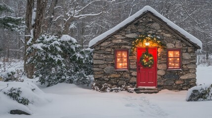 Poster - Stone Cottage Christmas Snow Scene Winter Wonderland