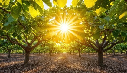 Lush macadamia orchard with sunlight streaming through the trees, National Macadamia Nut Month, emphasizing the origins and cultivation of this premium nut, ,