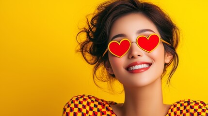 Wall Mural - woman wearing red heart sunglasses is smiling and looking at the camera. concept of happiness and po