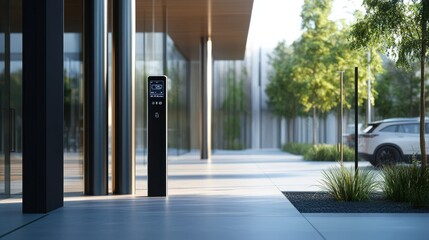 Canvas Print - Entrance gate of a modern office building with a touchless card access system and digital display