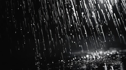 Wall Mural - raindrops falling from above on a very dim and black background, little light coming with the drople