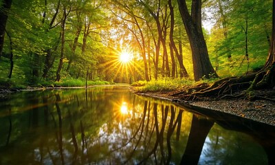 Wall Mural - serene sunset over a tranquil forest river.