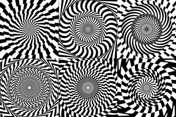 Aufkleber - Psychedelic hypnotic spiral pattern, hypnosis swirls vector backgrounds set. Optical illusion monochrome patterns with vertigo twirl texture. Black white abstract geometric motif of hypnotic swirls