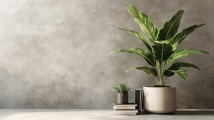 Poster - Minimalist Workspace with Computer, Books, and Indoor Plants