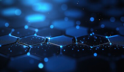 Abstract blue background with a hexagonal pattern and connection lines, suggesting a technology, science, or medical concept