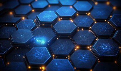Abstract blue background with a hexagonal pattern and connection lines, suggesting a technology, science, or medical concept