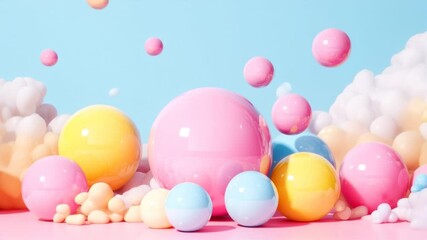Poster - Playful arrangement of colorful glossy spheres in pastel tones on a bright background. Abstract 3D composition with modern, cheerful design elements.