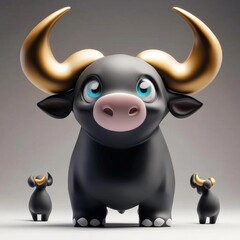 Wall Mural - cute cartoon bull with big horns and playful calves