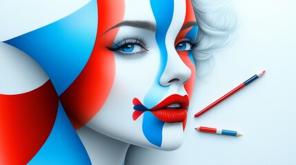 Wall Mural - a woman's face is painted in red, blue, and white