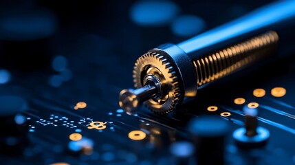 Wall Mural - Close-up of precision gear mechanism on circuit board.