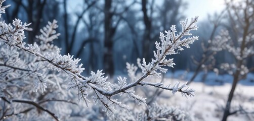 Wall Mural - Close-up of icy twigs covered in frost with snow background, snow, background, frost, twigs, white leaves