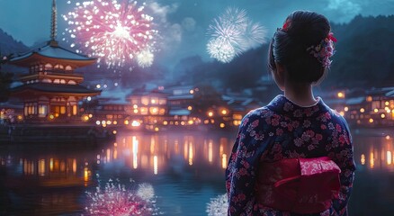 Wall Mural - A beautiful Japanese woman in a kimono looks at the fireworks near Kiyomizudera Temple on Lunar New Year's Eve