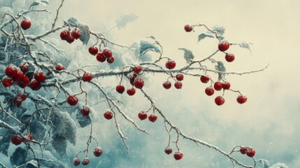 Poster - Snow Covered Branch With Red Berries In Winter