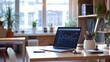 © Andrew - A sleek laptop displays a dynamic stock market graph, symbolizing the pulse of modern business and finance. Sunlight streams through a large window.