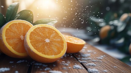 Poster - Frosted Orange Slices Resting On Wooden Surface