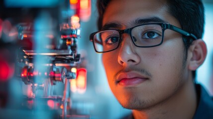 Aufkleber - Focused engineer with glasses analyzes complex equipment in a modern laboratory. The vibrant lights reflect his determination and creativity in technology development