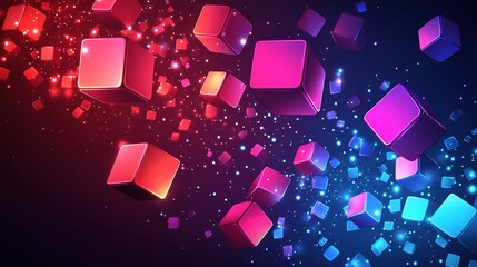 Poster - Vibrant Neon Cubes Floating in Dark Background with Glowing Patterns