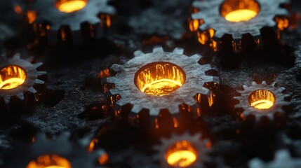 Poster - Fiery Gears: A close-up perspective captures the intricate detail of several metallic gears, each filled with a radiant, fiery glow, a mesmerizing visual of mechanical complexity and industrial might.