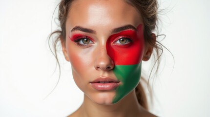 Wall Mural - A woman with the Belarus flag painted on her face. Expresses beauty and confidence