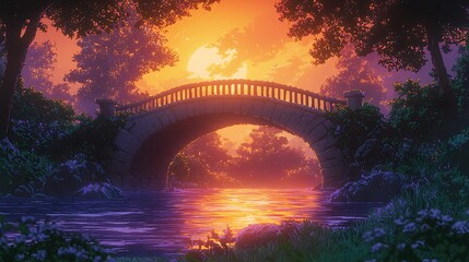 Wall Mural - Serene Sunset Landscape Stone Bridge over Calm Water at Dusk.