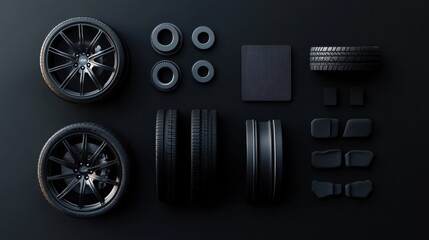 Fototapete - A collection of various car tires, rims, and brake pads is neatly arranged on a dark surface, providing a clean backdrop for design elements. Generative AI