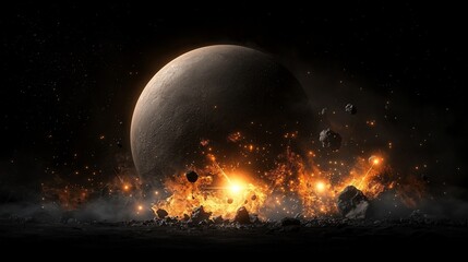 Wall Mural - asteroid impact on a planet's surface, fiery explosion and debris.
