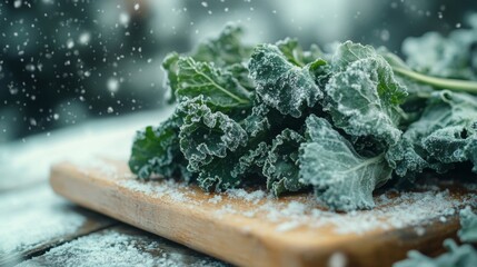 Poster - Frosty Kale Leaves Resting On Wooden Board