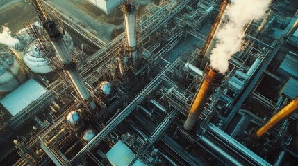 Poster - Aerial View of Industrial Factory with Pipes and Smoke Emissions