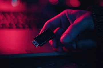 Poster - Hand Holding USB Drive in Neon Light with Laptop Background
