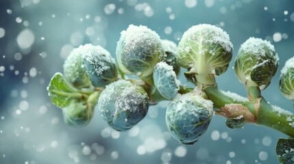 Poster - Snow Covered Brussels Sprouts On Branch In Winter