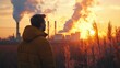 © AssanAI.Studio - Man in Yellow Jacket Watching Sunset Over Industrial Landscape