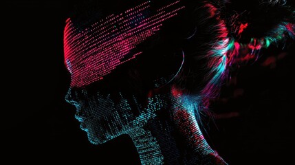 Poster - Futuristic Female Silhouette with Digital Data Visualization Effects