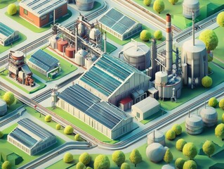 Poster - Aerial View of Modern Factory with Solar Panels and Industrial Scene