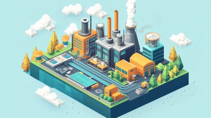 Poster - Industrial Complex in Isometric Style with Trees and Clouds