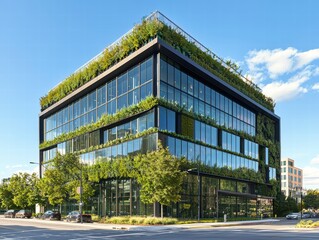 Poster - Modern Eco-Friendly Building with Vertical Garden and Blue Sky
