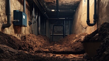 Aufkleber - A basement scene showcasing plumbing pipes installed under the house foundation, with the surrounding earth removed to expose the work.