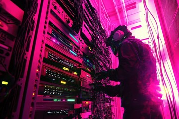 Poster - Technician in VR Headset Working on Colorful Server Rack System