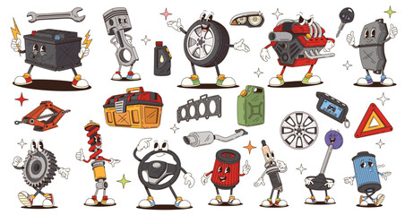 Poster - Retro cartoon groovy car spare part and tool characters, vector funky comic. Groovy funny car engine with cheerful face, silly gear with freaky smile and happy tire wheel with wrench emoji character