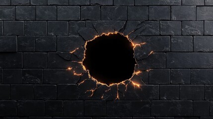 Poster - A black hole surrounded by glowing cracks breaks through a sleek black ceramic brick wall, revealing a stark contrast of light and darkness.