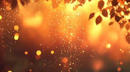 Poster - A cascade of golden falling stars lights up the sky, with vibrant bokeh lights drifting into the warm orange background for a magical scene.