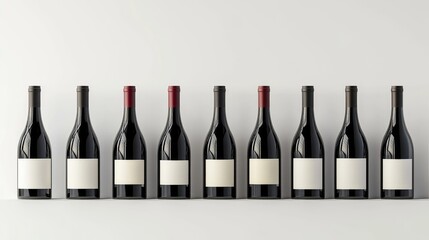 Poster - A collection of red and white wine bottles with empty labels, placed neatly on a white background, ideal for custom design and marketing materials.