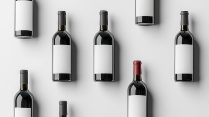 Poster - A collection of red and white wine bottles with empty labels, placed neatly on a white background, ideal for custom design and marketing materials.