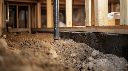 Poster - A detailed shot of pipes beneath a house's foundation in a basement, showing plumbing installation in progress with earth dug away.