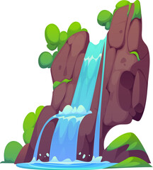 Poster - Cartoon waterfall and water cascade of river falling from mountain rock, vector nature scene. Waterfall stream or mountain river with falling water splash from hill with green amazon forest trees