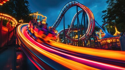 Poster - A full-motion capture of rollercoaster light trails, artistically illuminated, blending seamlessly into the park lively atmosphere.