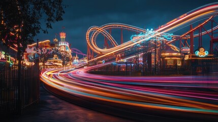 Poster - A full-motion capture of rollercoaster light trails, artistically illuminated, blending seamlessly into the park lively atmosphere.