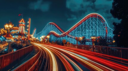 Poster - A full-motion capture of rollercoaster light trails, artistically illuminated, blending seamlessly into the park lively atmosphere.