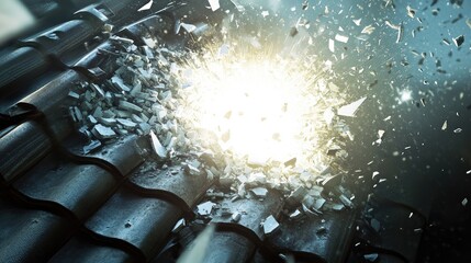 Poster - A glowing white hole breaks through splintered ceramic roof tiles, spilling bright light and fragments everywhere.